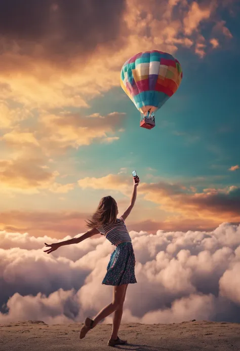 A photo of a girl flying taking a photo in the sky of an airplane