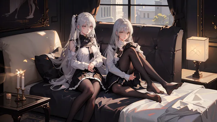 (((Half naked anime girl lying on sofa undressing with her hands，，Hands on the upper and lower legs of the naked body，black uniforms，black reotard，Primetime light and shadow black pantyhose)),Ray tracing,(Dim lighting，luz de velas，waxy candles),[Detailed b...