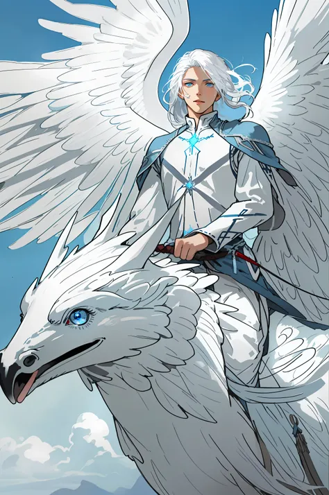 A young man with flowing white hair and mesmerizing blue eyes with ancient times dresses riding a majestic white eagle in the vast open sky.