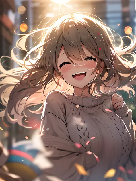 a girl, cosy sweater on, upper body, (huge Laughing:1.1), (open mouth:1.1), (wide open eyes:1.2), sun glare, bokeh, depth of field, blurry background, light particles, strong wind, (heart particles:1.1)