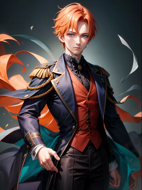 Portrait, Very handsome young man, masterpiece short light orange hair, indigo blue eyes, wearing long black Victorian jacket, greenish long sleeved shirt, with rpg world background