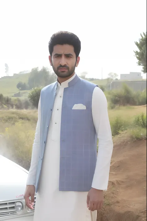 arafed man in a blue vest standing next to a car, khyzyl saleem, kyza saleem, dressed in a jodhpuri suit, profile picture 1024px...