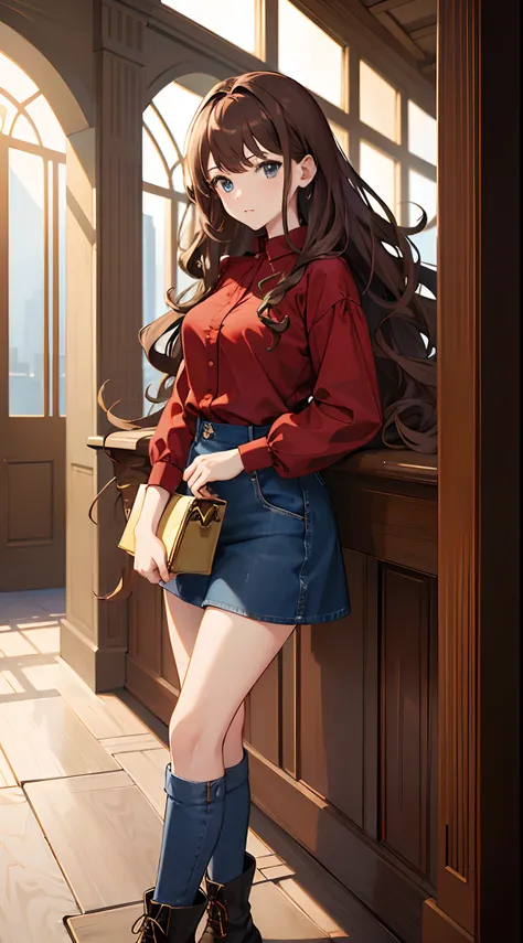 ((Masterpiece, best art, high quality, anime style)), portrait, 1girl, brown hair, wavy hair, curly hair, red unbuttoned long sleeveled shirt, blue denim skirt, kneehigh, white high heeled boots