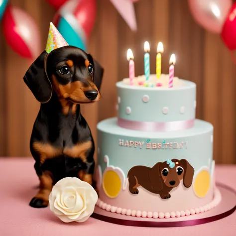 Brown miniature dachshund、a cake、happy birthday、Birthday、birthday celebration、Lit 27 candles