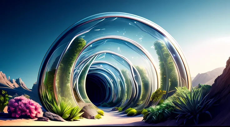 alien worlds，Transparent tunnel，Alien plants，Alien decadent landscape