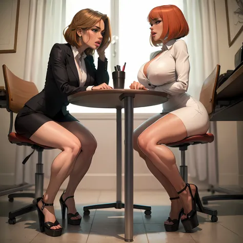 Redhead, Bob haircut, sexy secretary, muscular legs, muscular calves, Strong legs, muscular hips, wide thighs, Curvy hips, A full body shot, high-heeled sandals, tights in a net, Stiletto heels, Womens business suit with a short skirt, large ring earrings,...