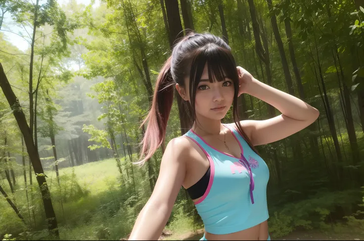 Anime style. In the middle of a large forest in North America a rave is celebrated. Es verano, hace calor, Es de noche y hay hogueras que dan buena luz a la imagen. Una mujer de gran belleza con un look alternativo y pseudo-hippie baila con los brazos abie...