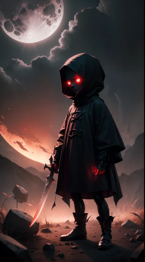 a demonic faceless small_humanoid, with two bladed weapons, scary, horror, night, dark, fall weather, full moon, glowing red eyes, evil, 1600s