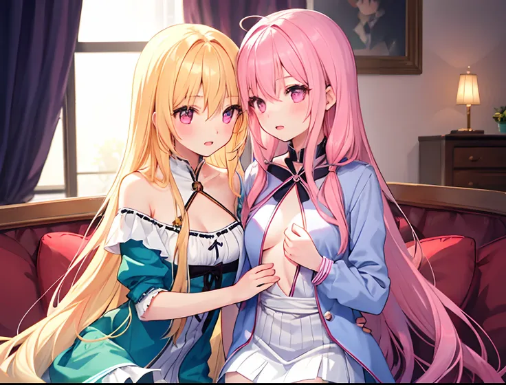 2girls，Girl1：，adolable，A pink-haired，long whitr hair，girl 2：Golden hair，Long hair，Touch each others chests