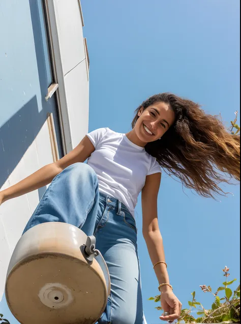 A beautiful woman in a white shirt and jeans is standing on a skateboard., standing on a rooftop, standing on roof, perspectiva de baixo, camera looking up at her, camera angle looking up at her, menina sentada em um telhado, Baixa perspectiva, em um telha...