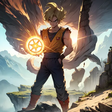 "Goku com poderes DE TERRA, capaz de manipular e moldar a terra de forma poderosa e precisa."