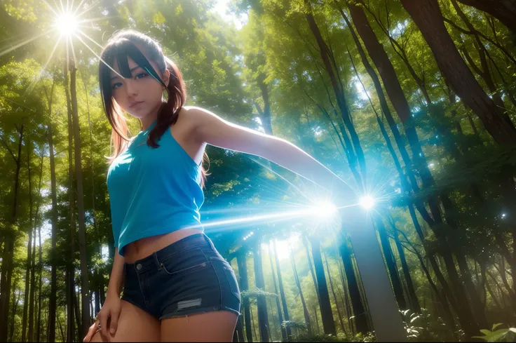 Anime style. In the middle of a large forest in North America a rave is celebrated. Es verano, hace calor, Es de noche y hay hogueras que dan buena luz a la imagen. Una mujer de gran belleza con un look alternativo y pseudo-hippie baila con los brazos abie...