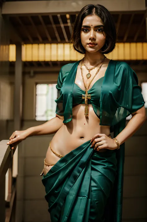 25-year-old woman, wearing a vibrant saree and sporting a bob cut hairstyle. Emphasize the curves of her body, particularly her waist. Hyper-detailed face with a Christian cross necklace.