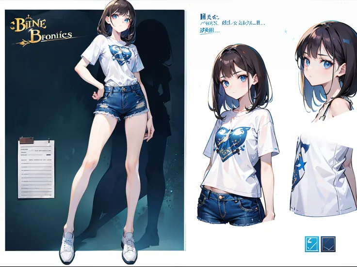 Brunette beauty，With a petite figure，Thin，Poor milk，Small chest，white short sleeve，dark blue denim jeans，White board shoes，The expression is gloomy，epic exquisite  character art, Amazing characters，character design sheet，（reference sheet：1.5）