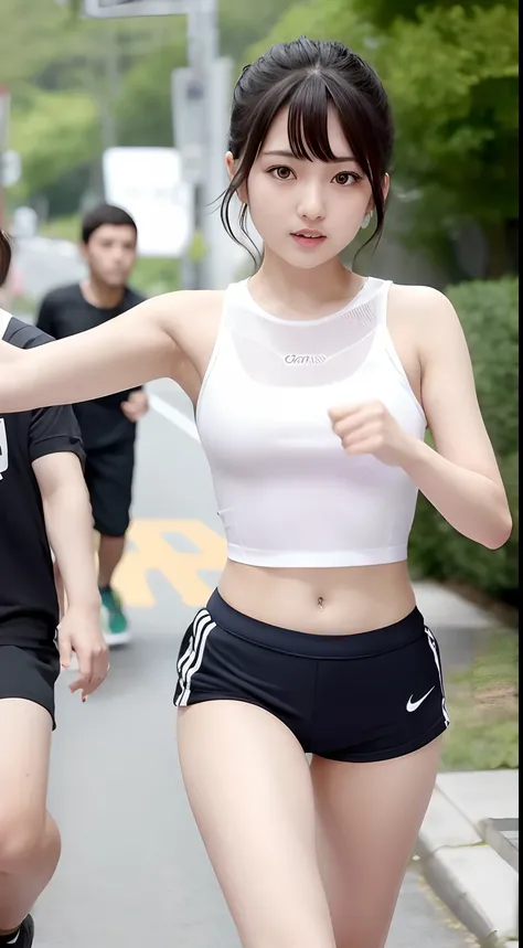 Mayuri Shiina, Young Skinny Gravure Idol, Young Sensual Gravure Idol, Young Pretty Gravure Idol, Ayami in Kojima, Running a Marathon, Waving to Sidewalk Audience, Athletic Clothes, Shorts, Short Hair