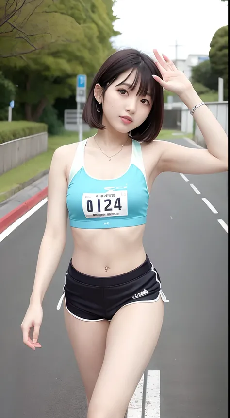 Mayuri Shiina, Young Skinny Gravure Idol, Young Sensual Gravure Idol, Young Pretty Gravure Idol, Ayami in Kojima, Running a Marathon, Waving to Sidewalk Audience, Athletic Clothes, Shorts, Short Hair