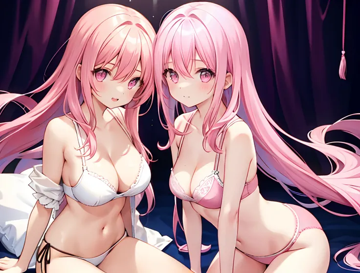 2girls，A pink-haired，long whitr hair，mediuml breasts，Wear only a bra，Breast collision，Light panties