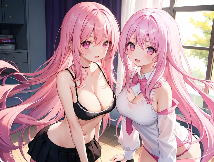 2girls，A pink-haired，long whitr hair，mediuml breasts，Wear only a bra，Breast collision，Light panties