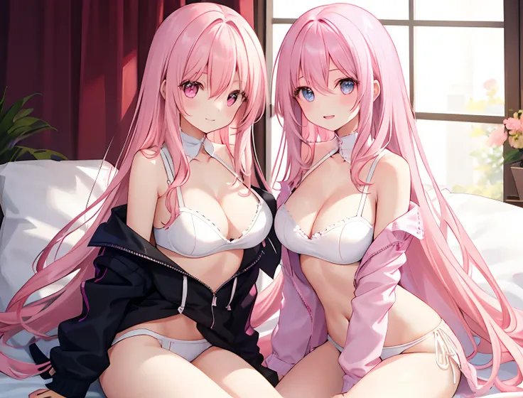 2girls，A pink-haired，long whitr hair，mediuml breasts，Wear only a bra，Breast collision，Light panties