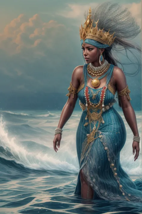 Yemanja, A Rainha do Mar, walking on the waters of a rough sea;, wearing a dress characteristic of Yemanja, water droplets in the atmosphere, nascer do sol ao fundo, Image framed by orchids of various colors. Image with resolution of at least 300dpi,  vest...