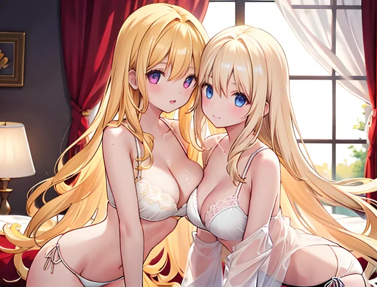 2girls，Golden hair，long whitr hair，mediuml breasts，Wear only a bra，Breast collision，Light panties