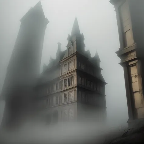 Describe the centuries-old mansion in the heart of the fog-shrouded town. Portray its dark windows and the eerie whispers that surround it