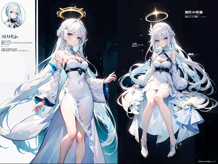 Beautiful girl with white hair，angelicales，Wearing a plain white dress，There is a halo on the top of the head，french braid，Extremely long hair，There is only one wing behind him，adolable，epic exquisite  character art, Amazing characters，Medieval theme，chara...