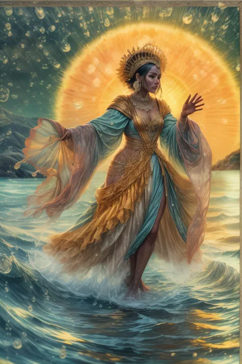 Yemanja, A Rainha do Mar, walking on the waters of a rough sea;, wearing a dress characteristic of Yemanja, water droplets in the atmosphere, nascer do sol ao fundo, Image framed by orchids of various colors. Image with resolution of at least 300dpi