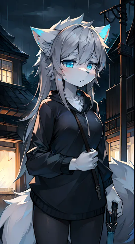 holding a umbrella，rainy evening，Big-tailed wolf，Gray hair，blue color eyes，long whitr hair，Disheveled look，female