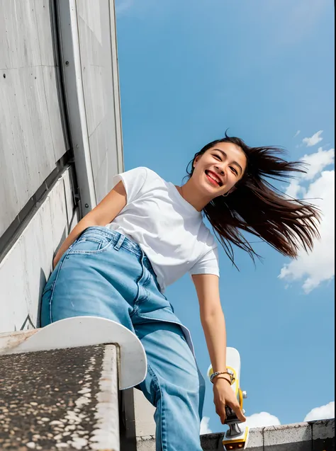 A beautiful woman in a white shirt and jeans is standing on a skateboard., standing on a rooftop, standing on roof, perspectiva de baixo, camera looking up at her, camera angle looking up at her, menina sentada em um telhado, Baixa perspectiva, em um telha...