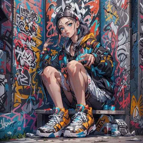 One Girl In A Back Alley、(Super Detail)、(8K)、((Hip Hop Fashion))、(graffiti wall)、(full body Esbian)、(hyperdetailed face)、(Detailed feet)、(Detailed hand)、(Cool Face)、(crouching down)