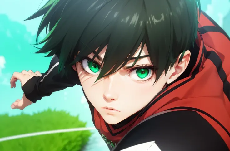 menino anime com olhos verdes e uma camisa preta com um colarinho preto, with a serious look and green aura around him, badass anime 8k e cabelo esverdeado, com suor no rosto