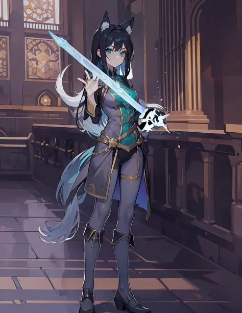 1scene, Magic Cathedral background, 1girl, Alistair, arms outstretched, holding enchanted sword, dynamic pose, Demi-Human character design. Lithe and agile frame, feminine appearance. Striking emerald eyes with a mischievous glint, hint of magical prowess....