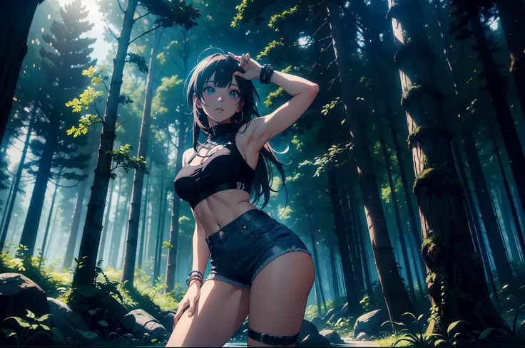 Anime style. In the middle of a large forest in North America a rave is celebrated. Es verano, hace calor, Es de noche y hay hogueras que dan buena luz a la imagen. Una mujer de gran belleza con un look alternativo y pseudo-hippie baila con los brazos abie...