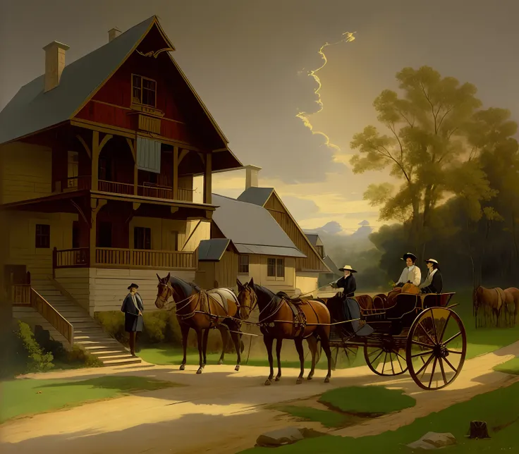 Picture of a horse-drawn carriage with people on it in front of the house, 1 8 3 0 s Painting in style, 1 8 5 0 s Painting in style, 1 Scene of the 9th century, Konrad Klafek, inspired by George Caleb Bingham, Otakar Kubin, Karl Hofer, Georg Scholz, Wilhel...