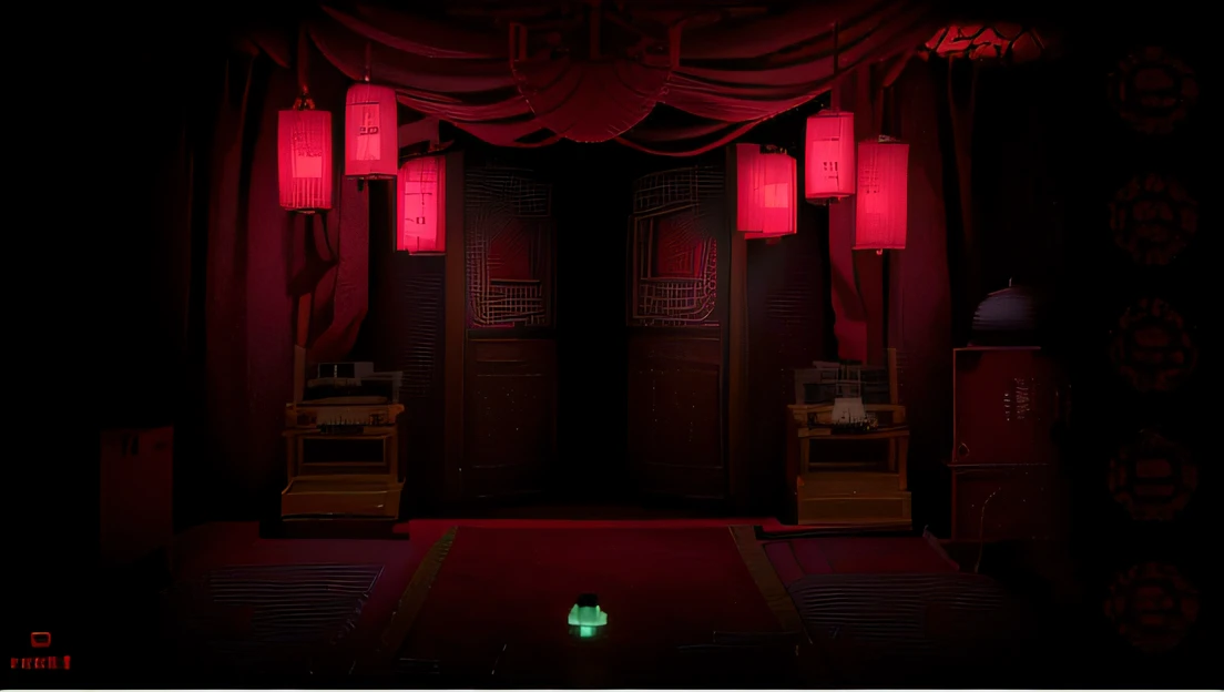 Red lanterns hang from the ceiling in the dark room, yume nikki, Red lanterns, point-and-click adventure game, Screenshots of internal gameplay, dim lantern, Red Room, evil spirits roam with lanterns, game screenshot, game screenshot, crimson themed, video...