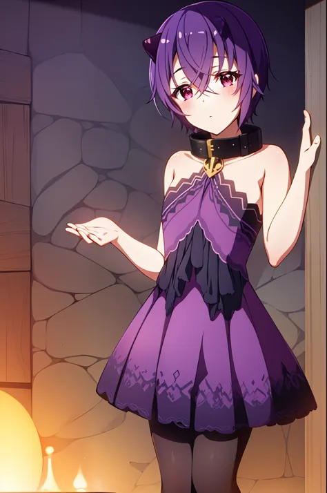 Purple hair, short hair, red eyes, purple dress, black tights, collar, slender, small breasts, young girl, high quality