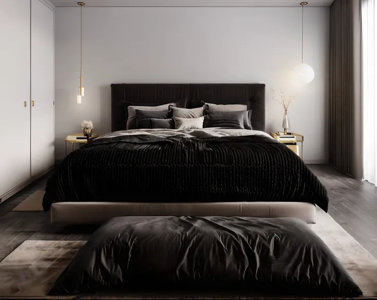 a close up of a bed in a bedroom with a large bed, dark bedroom, bed room, luxury hd render, dim bedroom, dark and modern, seren...