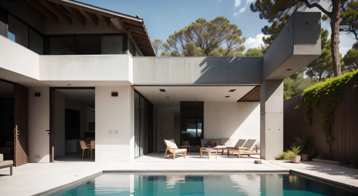 there is a pool in the backyard with a tree in the middle, concrete architecture, very vanish, there is no dirty on the build, all clean, and new, recently built, white walls, architectural shot, archdaily, brutal concrete architecture, inter dimensional v...