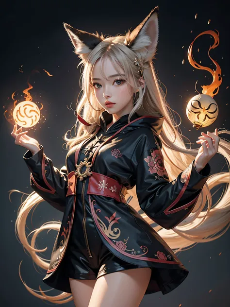 1girl, solo, official art, unity 8k wallpaper, ultra detailed, beautiful and aesthetic, masterpiece, best quality, photorealistic, (abstract background) (zentangle, mandala, tangle, entangle background:0.7) Kitsune, fox mask, haori jacket, foxfire spell, f...