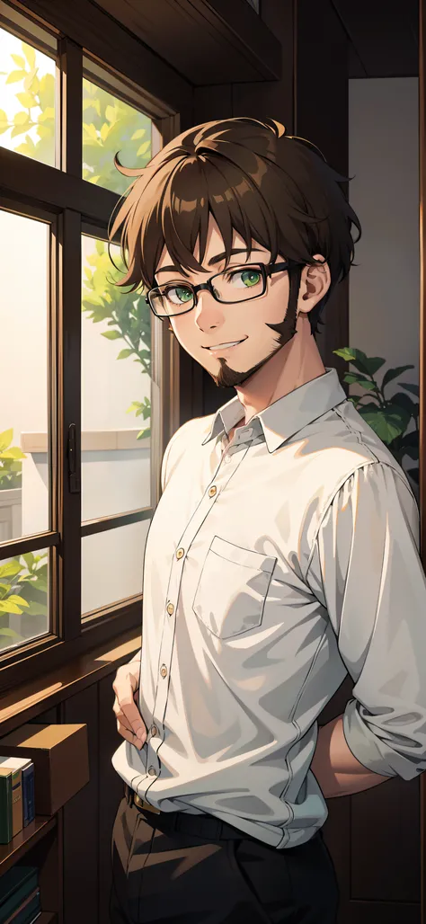 Anime boy, green eyes, brown hair, in a home office, buzz cut, short full beard, smiling, thick framed black glasses