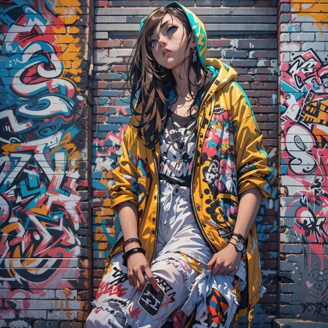 One Girl In A Back Alley、(Super Detail)、(8K)、((Hip Hop Fashion))、(graffiti wall)、(full body Esbian)、(hyperdetailed face)、(Detailed feet)、(Detailed hand)、(Cool Face)、(Standing)