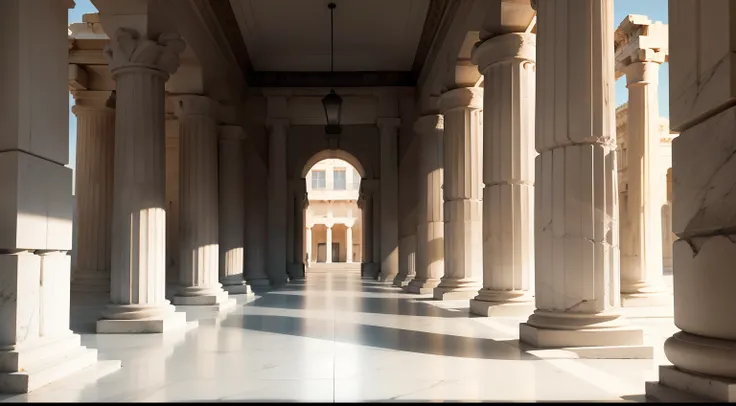 portico of the public space intended for political discussion in Athens, fotografia de dentro, simetria nas formas, Balanced geometric shapes, stoic,  fotorrealista, cinematographic scene, super detalhado, hyper realistic, luzes brilhantes, alto contraste ...