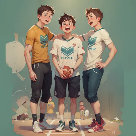 2 tall boys play sports, the person in the middle is a bit short, the guy in the middle is wearing a shirt, hugging, 3 mens, lovee