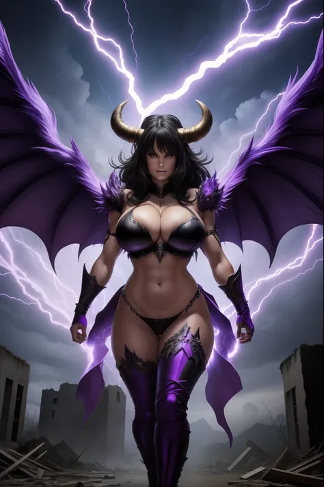 Lisa Ann as a hyper-giant, Hyper-powerful demon with a demon horn on its head and demon wings, and throws purple lightning bolts at a building, ville en ruine post apocalyptique,