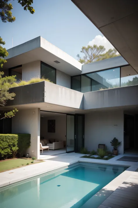 there is a pool in the backyard with a tree in the middle, concrete architecture, very clean and new, recent built, architectural shot, archdaily, brutal concrete architecture, inter dimensional villa, contemporary architecture, concrete housing, arboresce...