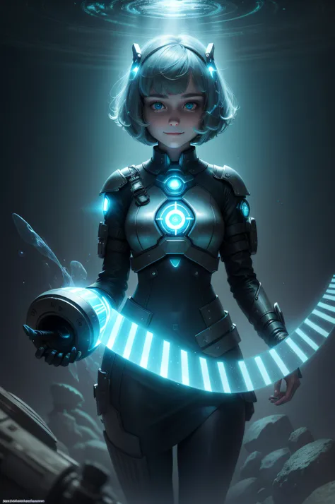 atlantistech ,scifi, undersea,bioluminescent, scholar , scroll, 1girl,  glowing eyes, smile ,closed mouth,bob cut, EasyNegative, bad-hands (***)