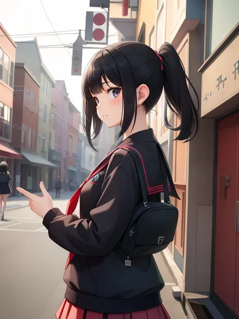 (1girl), cute and beautiful girl, (seifuku), walk in town, ( black hair)