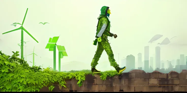 Imagem de um homem caminhando em um muro com uma cidade ao fundo, energia verde, sustentabilidade, ambiente, Tecnologia Verde, sustainable materials, sustainable, retrato ambiental, in an ecological city, parede verde, homem andando, arte conceitual ambien...