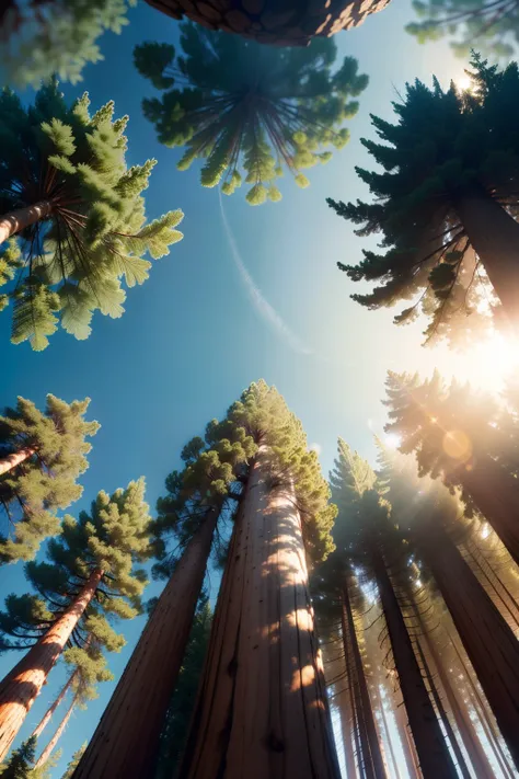 Dense Forest of Sequoias High Trunks, Thick branches, view from bottom, There is a blue sky in the background and there are a few specks of dust in the air, blurred in out-of-focus bokeh;, There are small white clouds in the sky, Hyper realistic